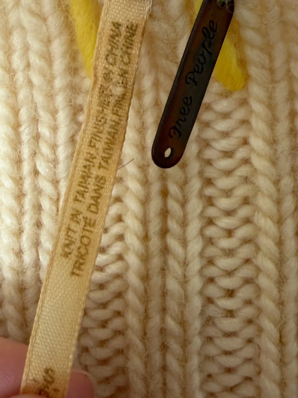 Free People Cream Knit V-Neck Button Cardigan with Yellow Trim Size Small